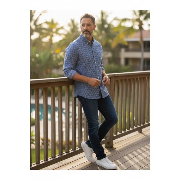 CHAPS Men's Blue Palm Tree Hawiian Long Sleeve  Button-Down Shirt Size XXL - Picture 1 of 6